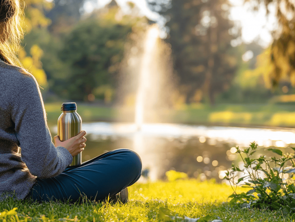Woman in a park holding water bottle