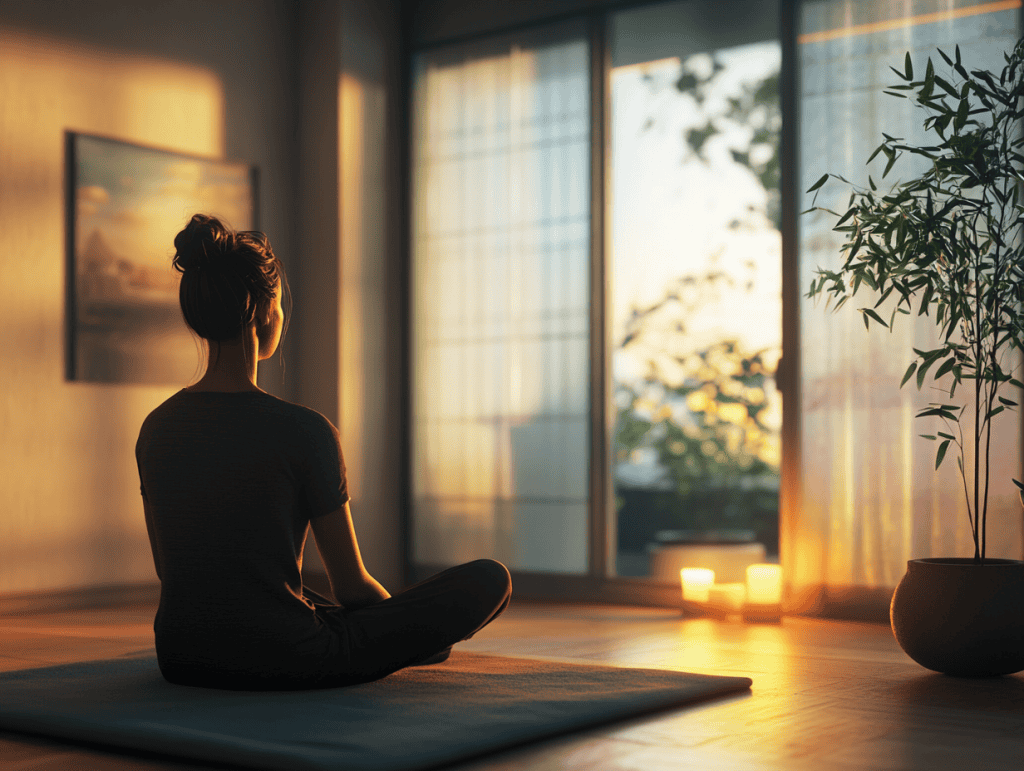 A serene indoor scene showing a person sitting cross-legged on a cushion, eyes closed, with soft light streaming in from a nearby window. The background includes minimal decor with calming elements like a small potted plant and a glowing candle