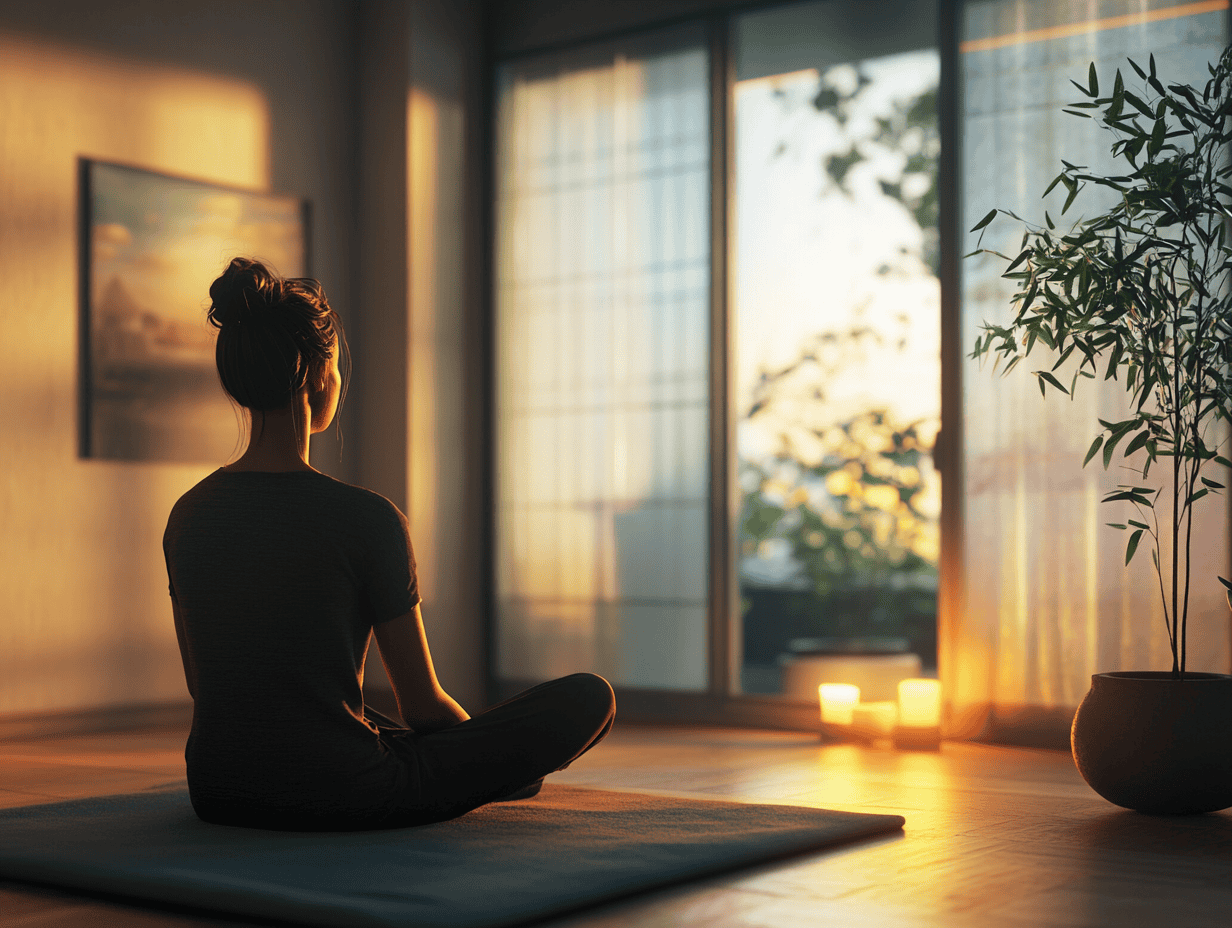 A serene indoor scene showing a person sitting cross-legged on a cushion, eyes closed, with soft light streaming in from a nearby window. The background includes minimal decor with calming elements like a small potted plant and a glowing candle