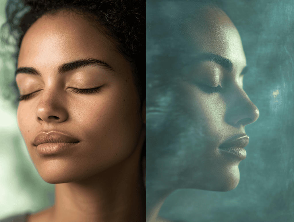 A split-image depicting two states: one side shows a person looking relaxed and serene, while the other side shows a person with eyes closed but with subtle facial signs of deep thought or mild tension, highlighting different experiences during meditation.
