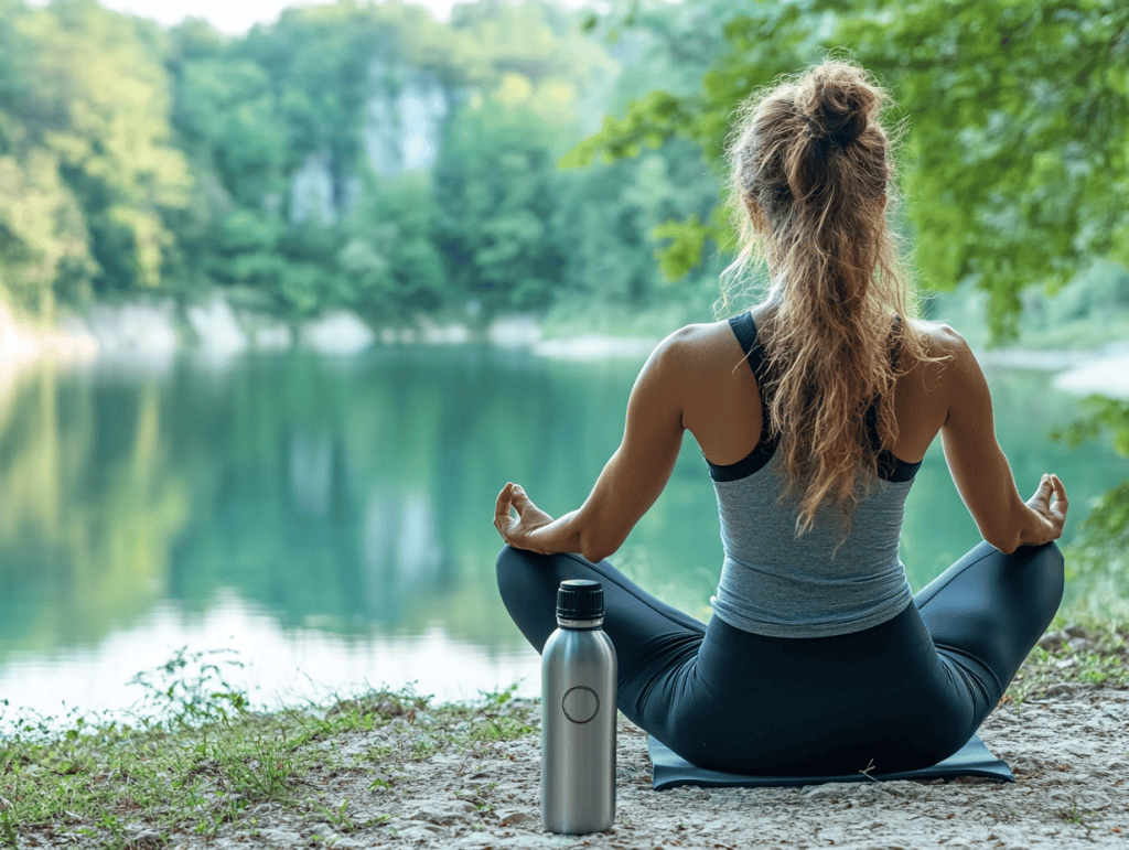 Woman practising yoga with a water bottle